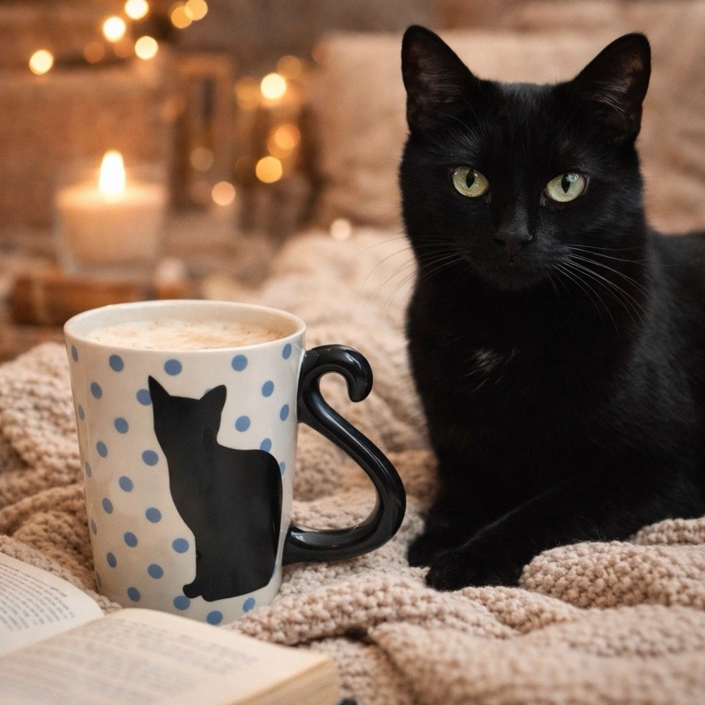 Black Cat Coffee Mug Blue polka dot, cat‎ tail handle, ceramic, used.